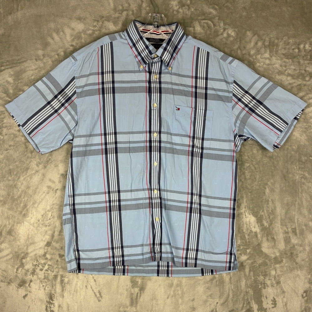 Tommy Hilfiger Mens Large Short Sleeve Plaid Button Down Shirt Blue Cotton‎ Logo